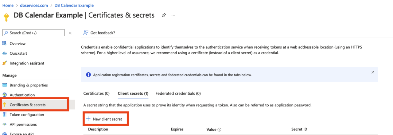 Microsoft app certificates and secrets.