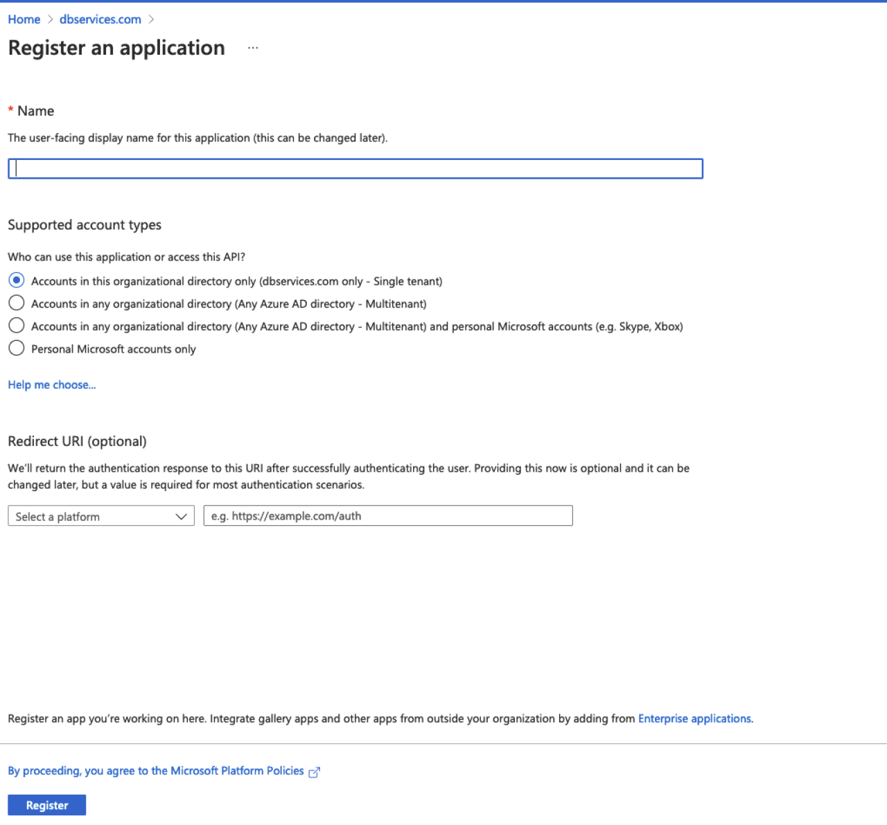 Microsoft azure register application.