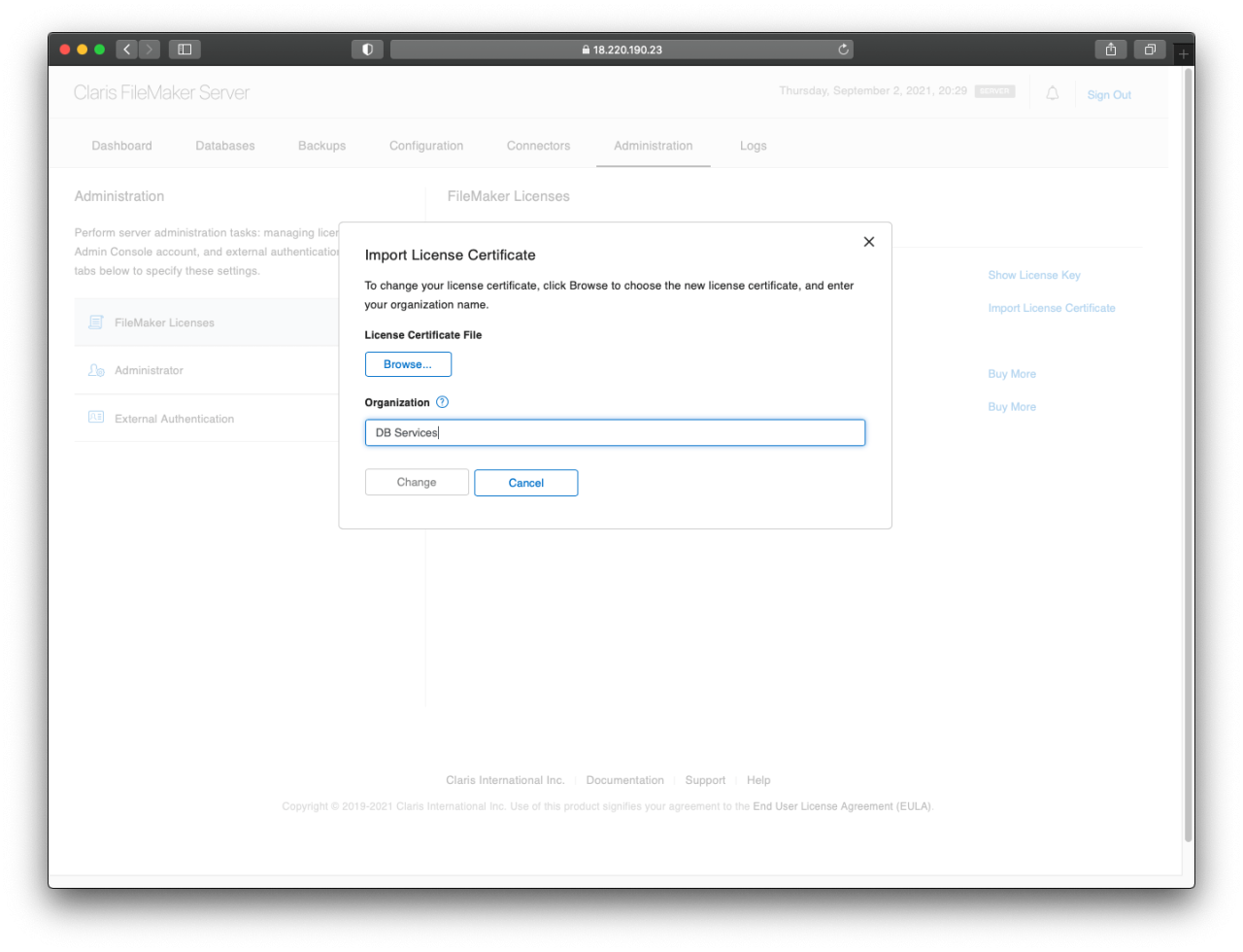 Screen to Import the FileMaker certificate.