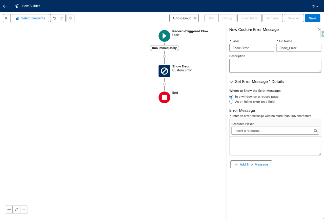 salesforce winter 24 flow custom error message.