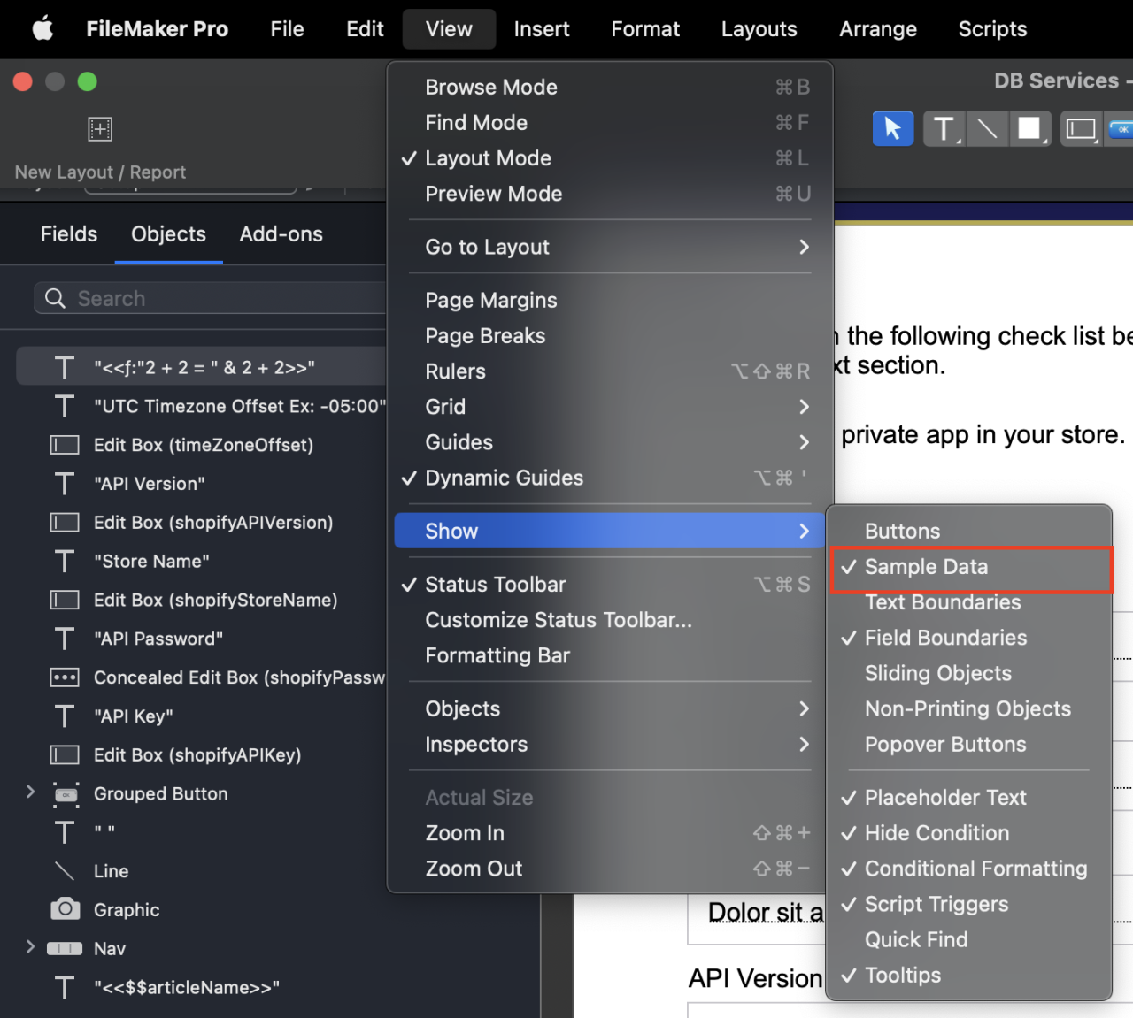 claris filemaker 20.2 layout calculation show sample data.