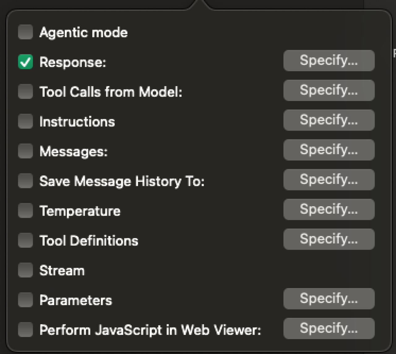 ai in claris filemaker 2025 generate response from model configuration options.