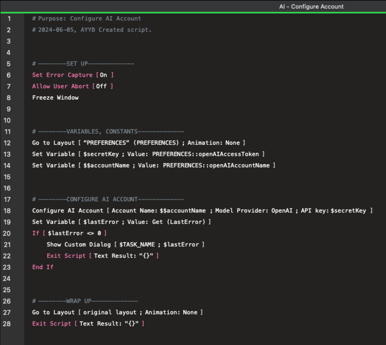 ai in claris filemaker 2025 perform find by natural language ai configure account script.