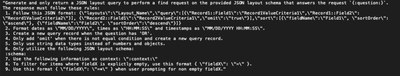 ai in claris filemaker 2025 perform find by natural language configure prompt template request prompt.