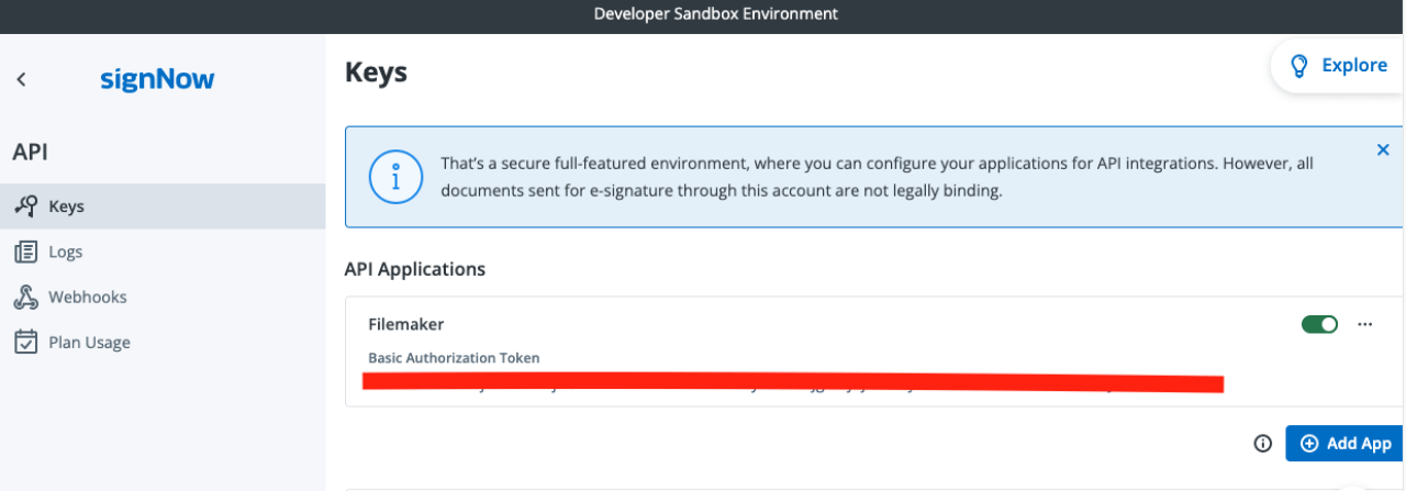 filemaker signnow integration api settings page.