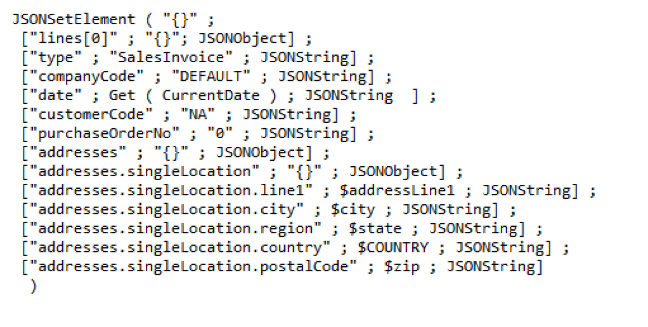 Claris FileMaker Avalara Sales Tax Integration json set element.
