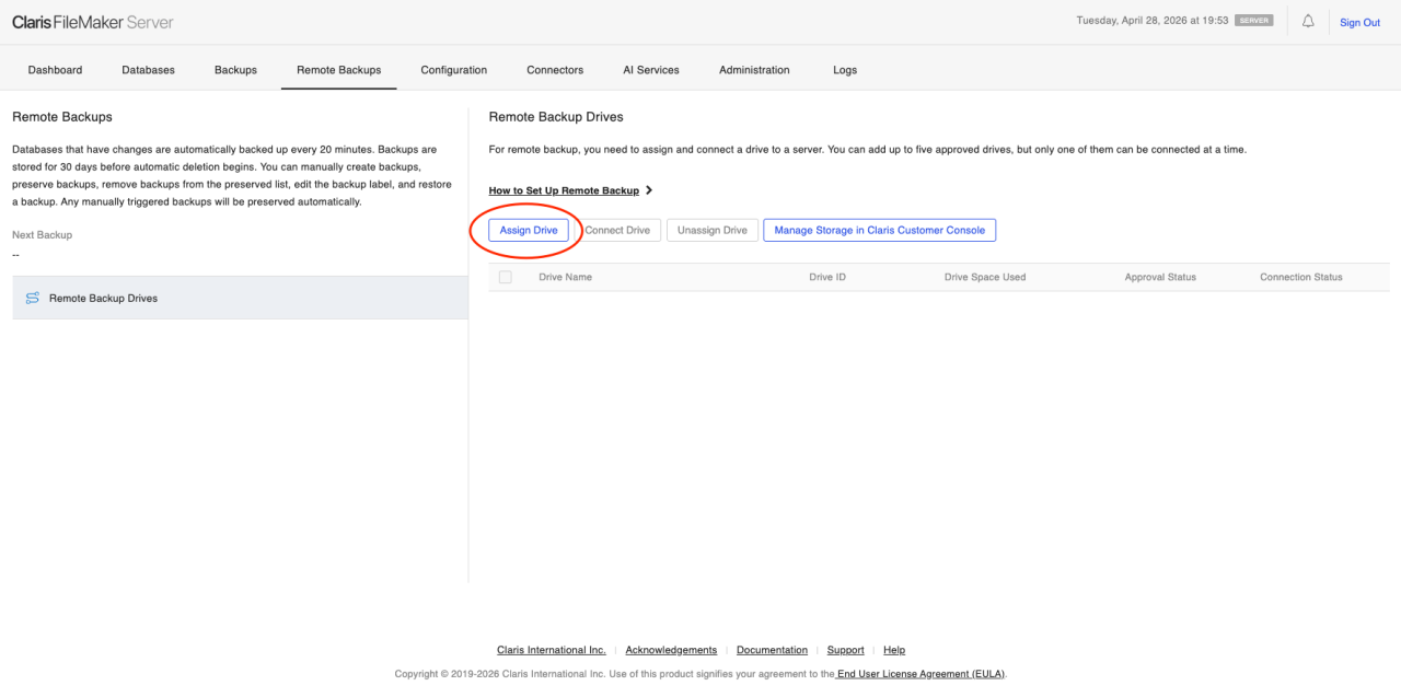 Claris FileMaker Server Remote Backup Admin Console Backup.