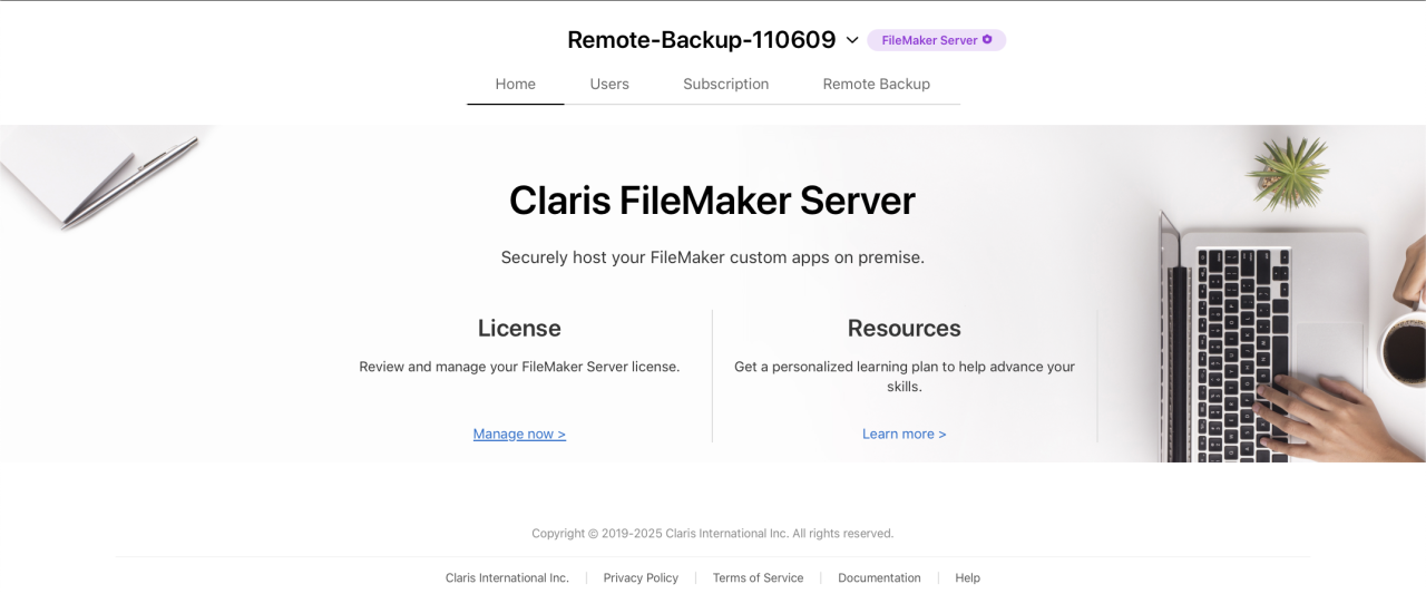 Claris FileMaker Server Remote Backup Claris Console Main Page.