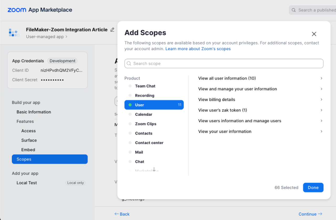 Claris FileMaker Zoom Integration App Scopes in Zoom.