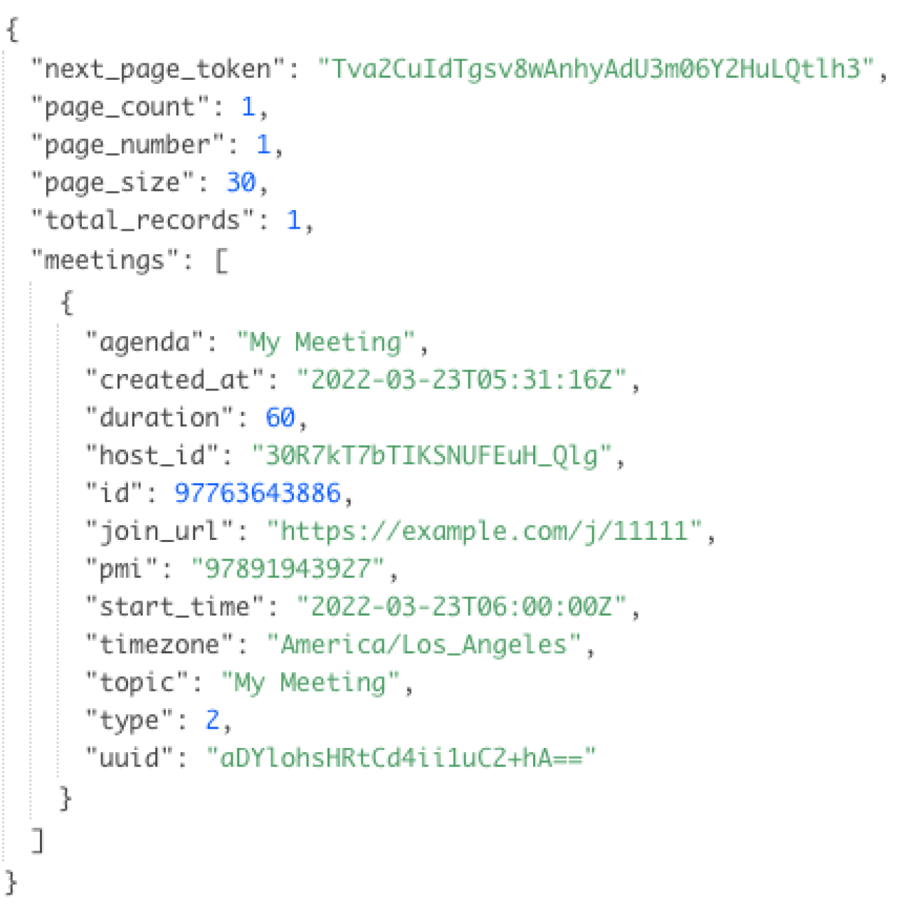 Claris FileMaker Zoom Integration JSON returned for a list of meetings.