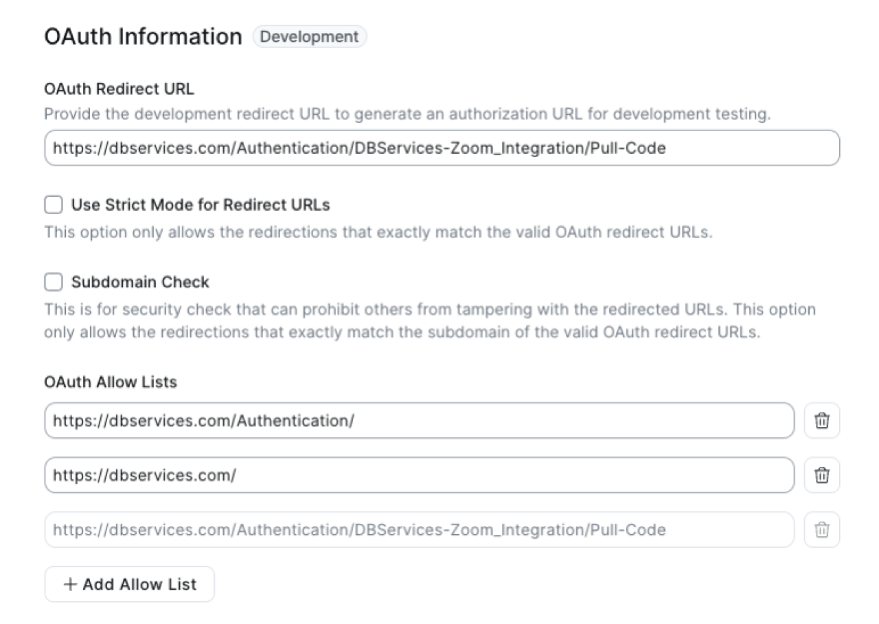 Claris FileMaker Zoom Integration OAuth Information for a Zoom app.