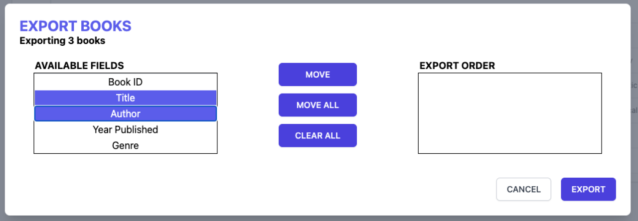 custom export wizard select available fields.