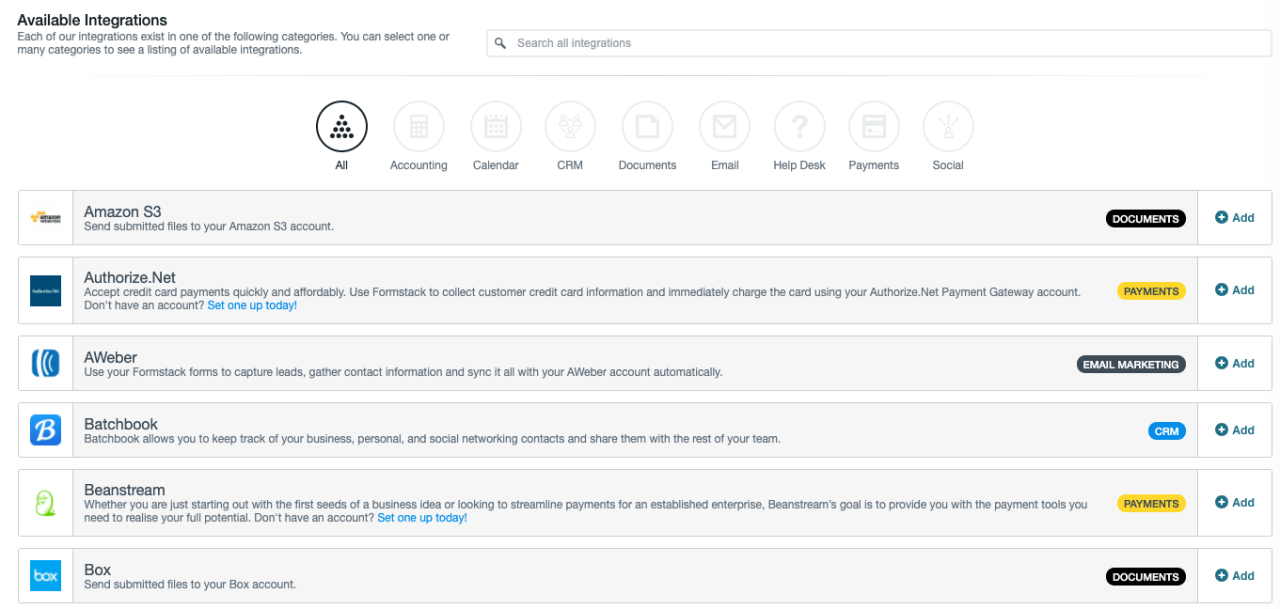 Integrations available from Formstack.