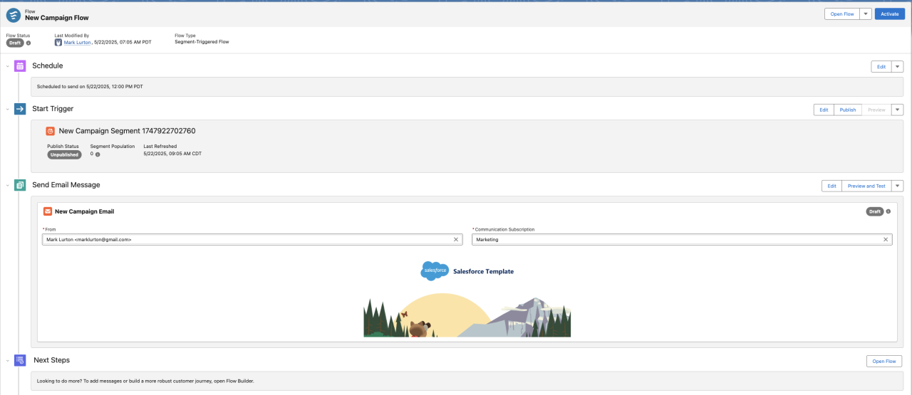 Salesforce Marketing Cloud on Core for Nonprofits campaign flow.
