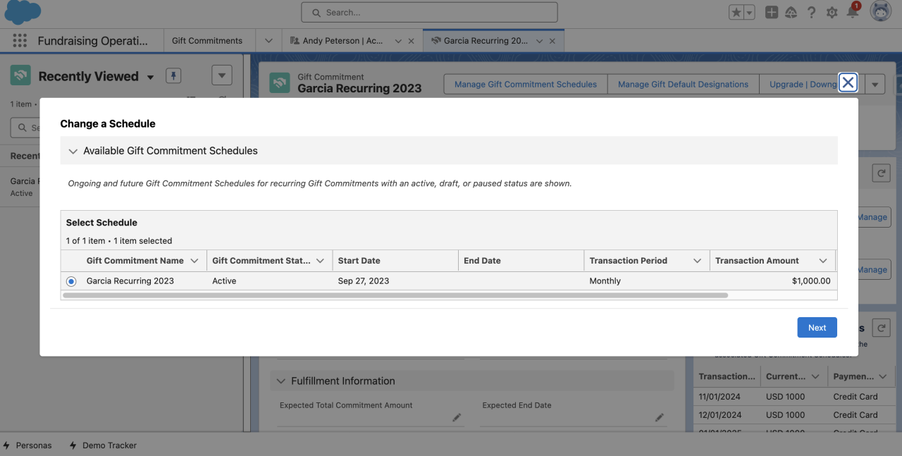 salesforce nonprofit cloud gift commitment schedule.