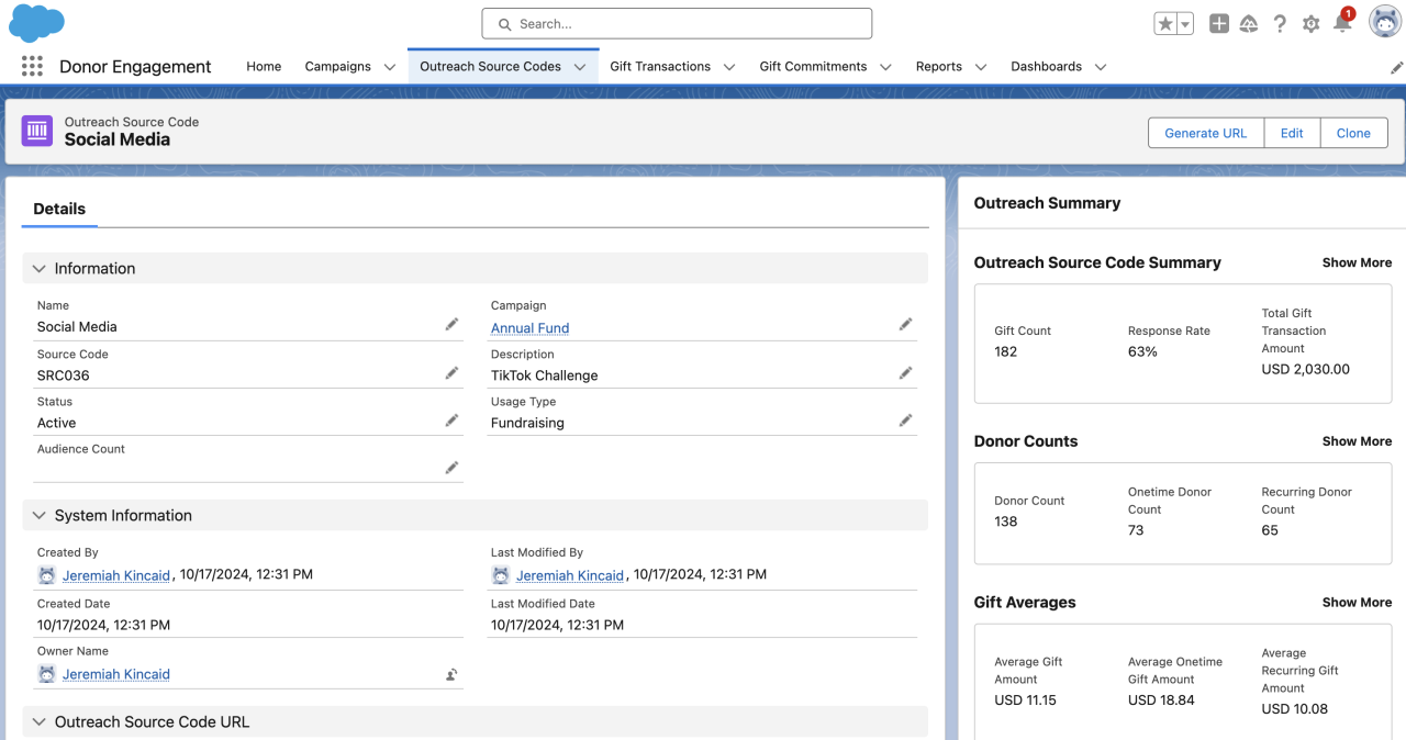 salesforce nonprofit cloud outreach source codes.