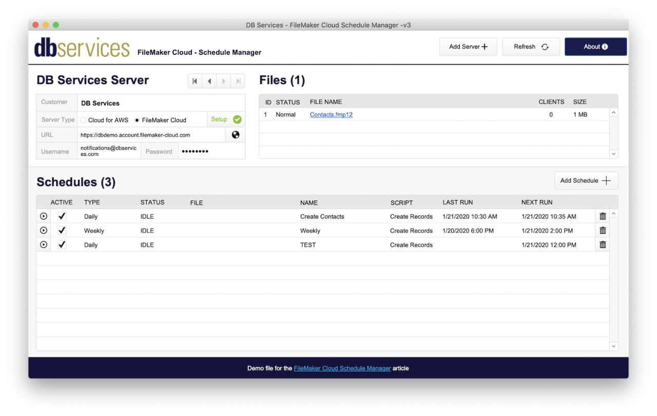 FileMaker Cloud Schedule Manager Dashboard.