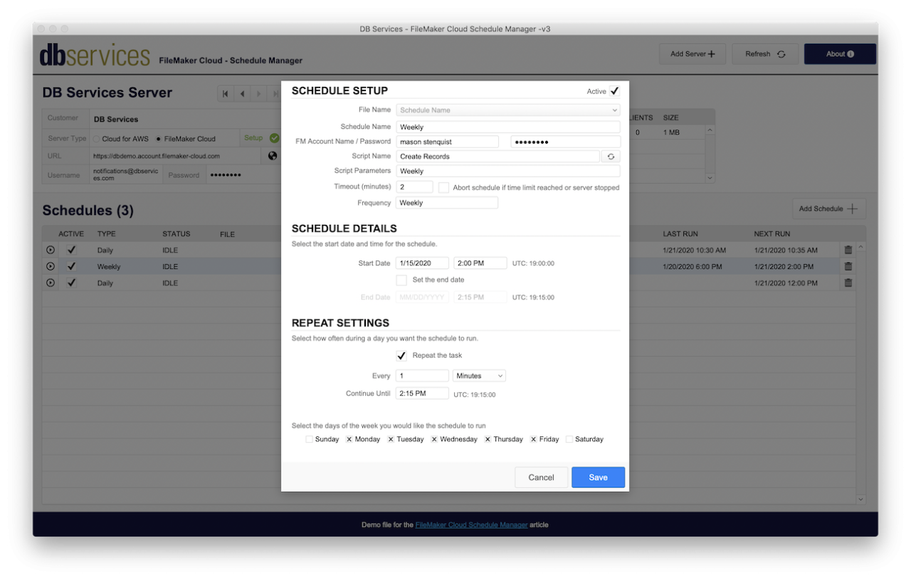 FileMaker Cloud Schedule Manager Edit Schedule.