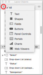 FileMaker Layout Objects Window Filter Options