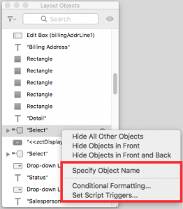 FileMaker Layout Objects Window Set Field