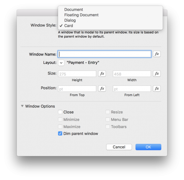 FileMaker new window step option card window
