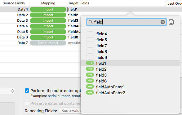 FileMaker Import Dialog Filter Fields