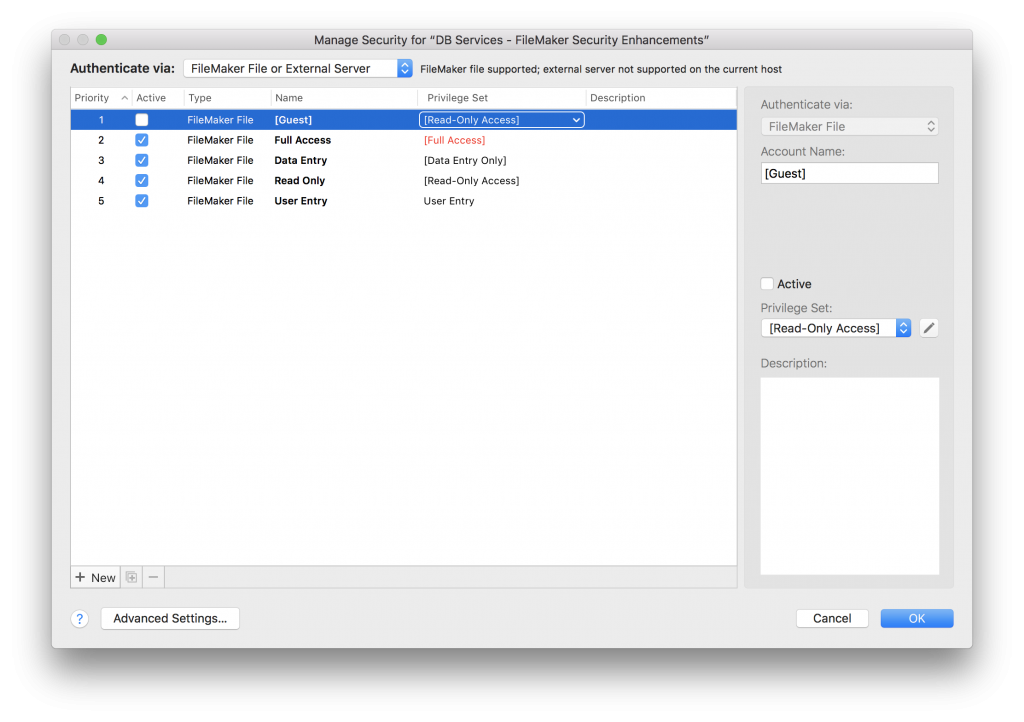 FileMaker Manage Security Dialog