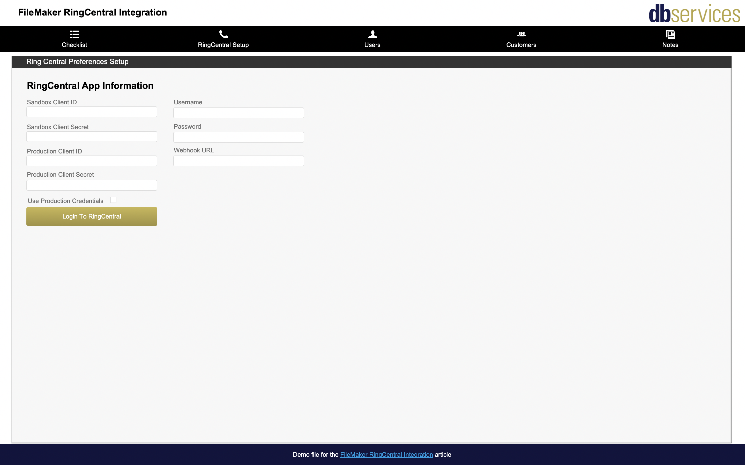 FileMaker RingCentral Integration Subscription Setup Screen